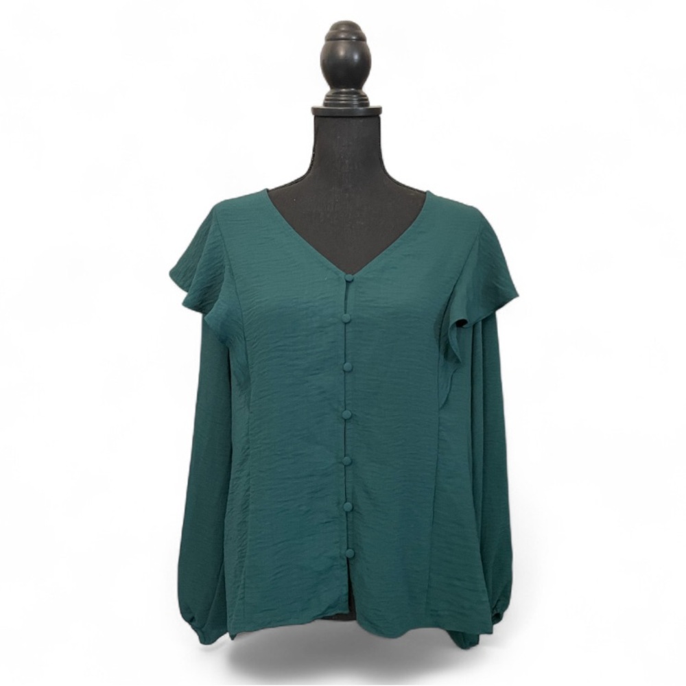 Nine West Hunter Green Button-Up V-Neck Blouse
